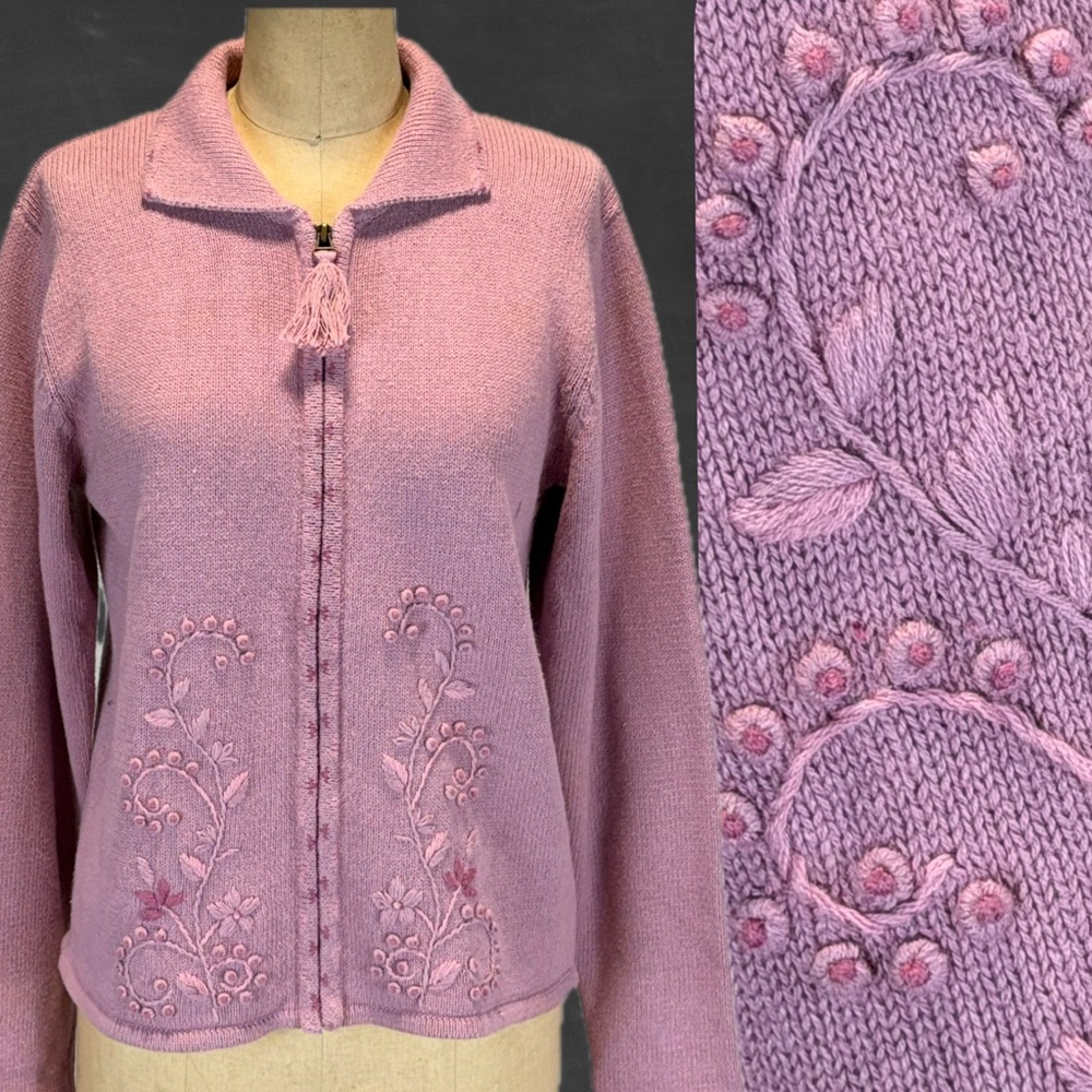 Vintage Fiddlehead Fern Woodland Embroidered Knit Sweater Cardigan Zip Front